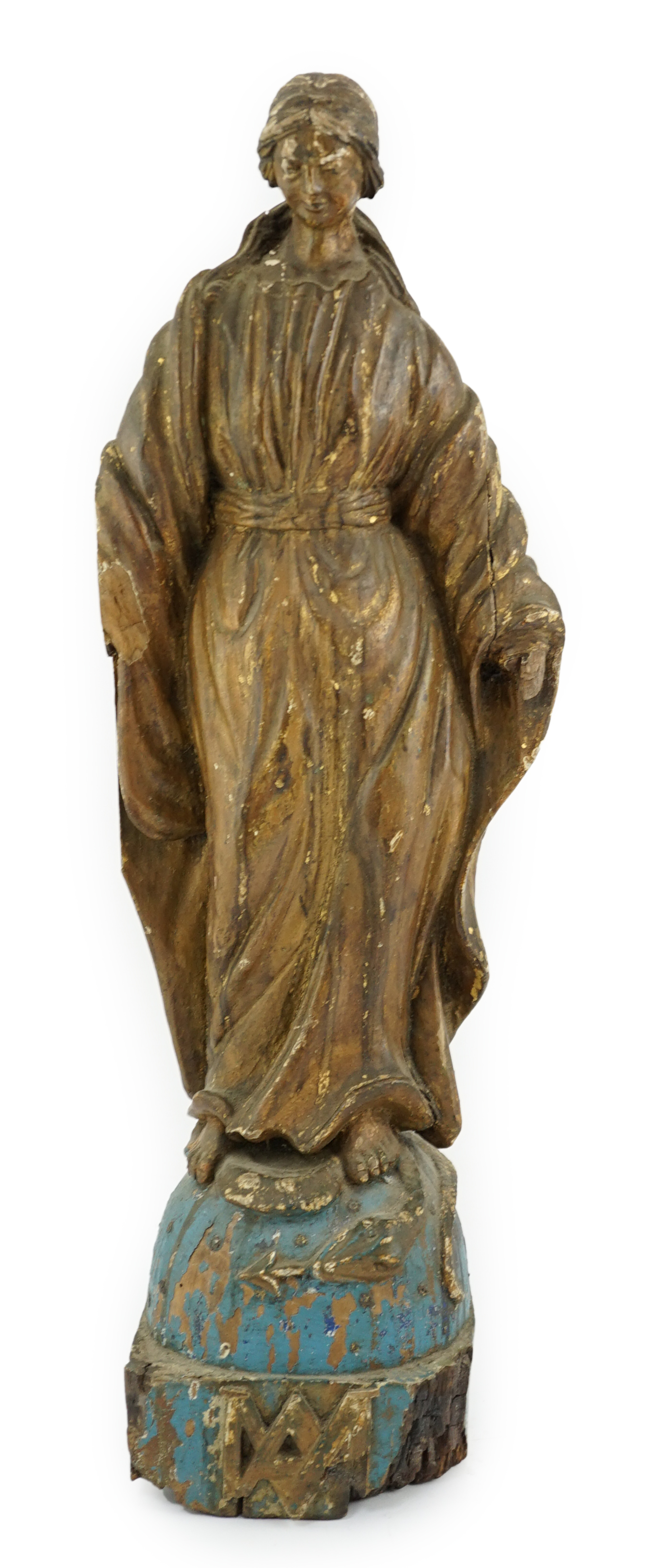 An 18th century Continental carved wood figure of a female saint